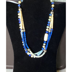Triple Strand Beaded Necklace Blues & Cream BOHO Safari 20” Jewelry